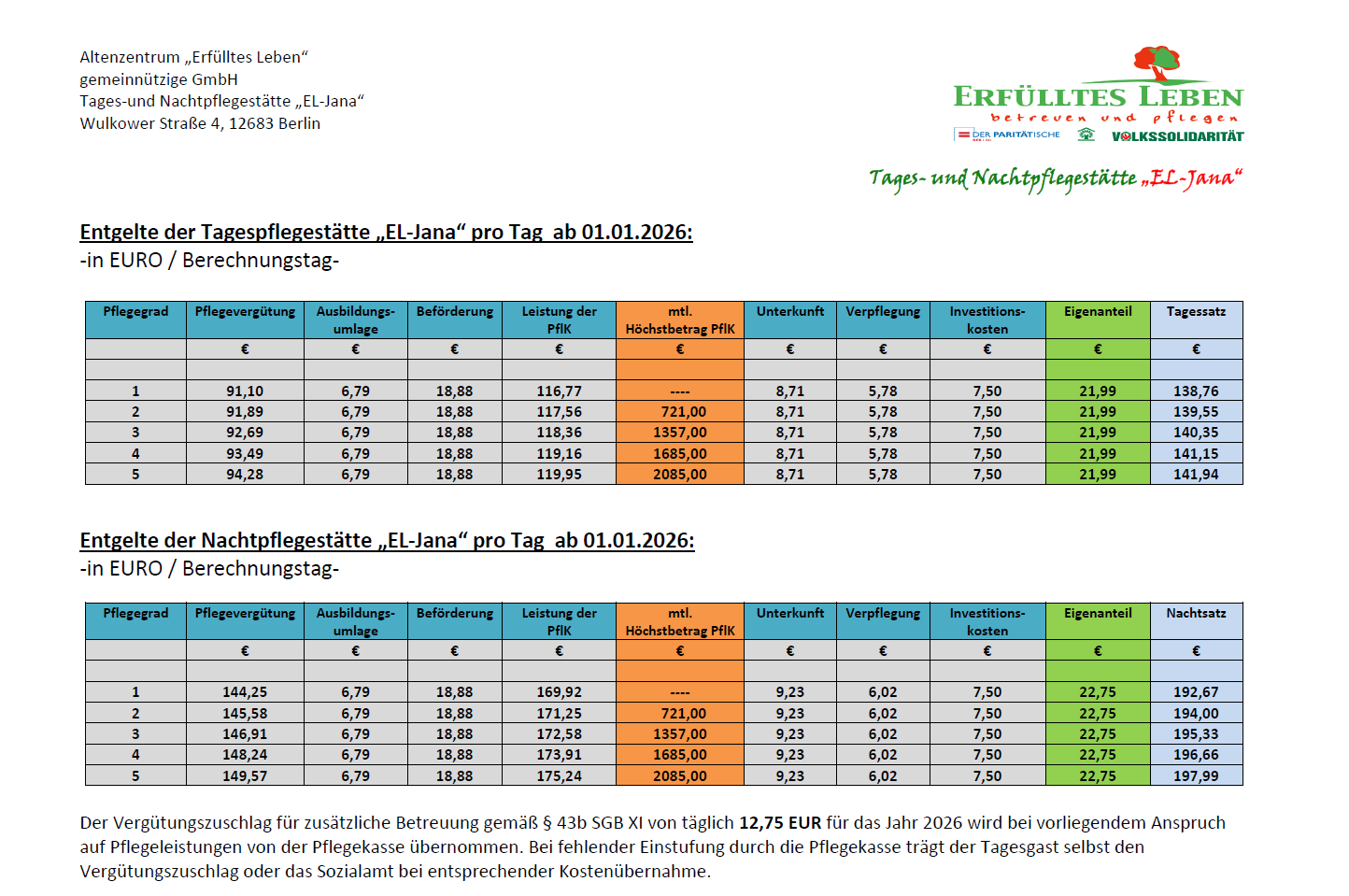 Kosten ab 01 2026 Tages und Nachtpflegestätte EL Jana